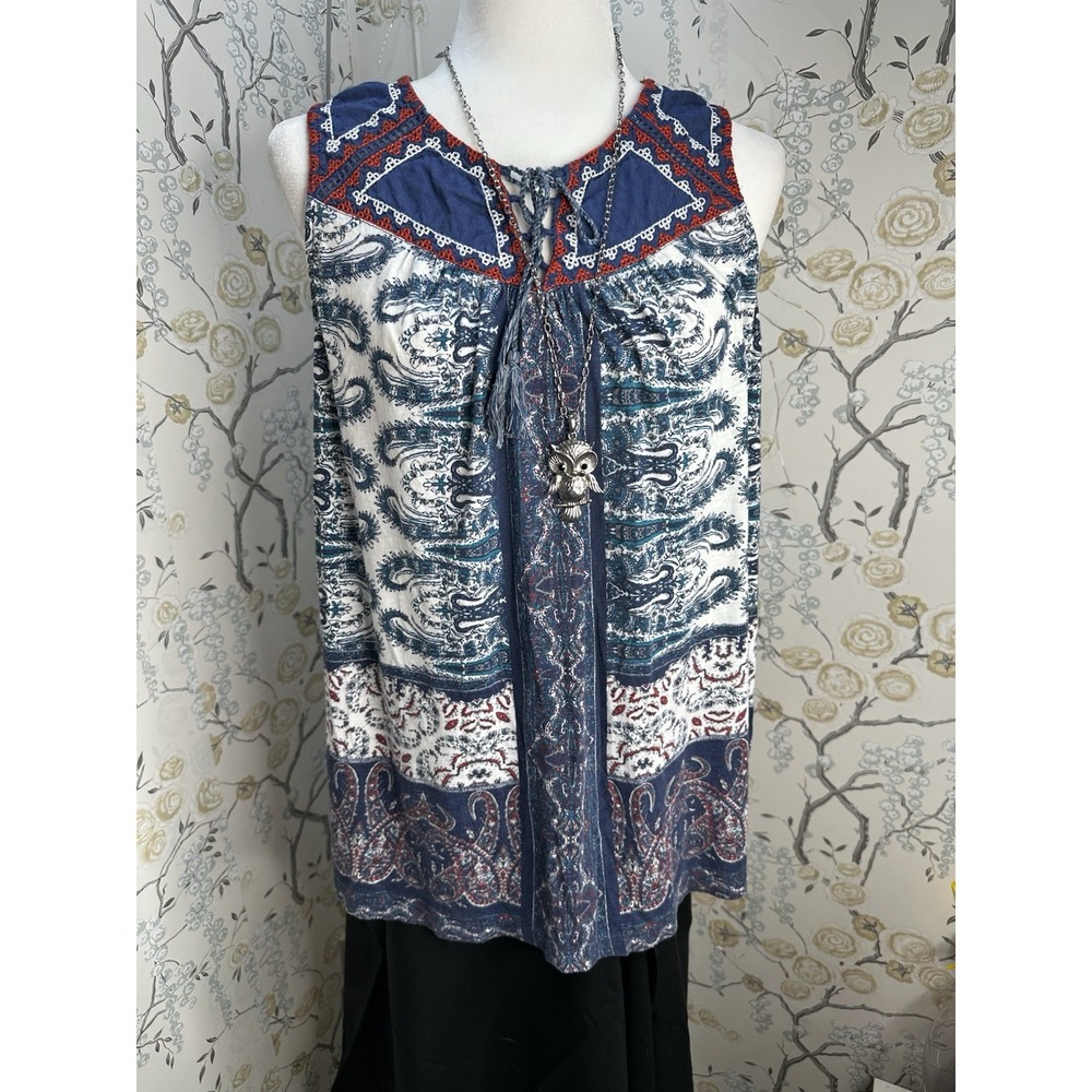 Womens Lucky Brand Boho Style Navy Red Sz 1X Embroidered Top Blouse Sleeveless